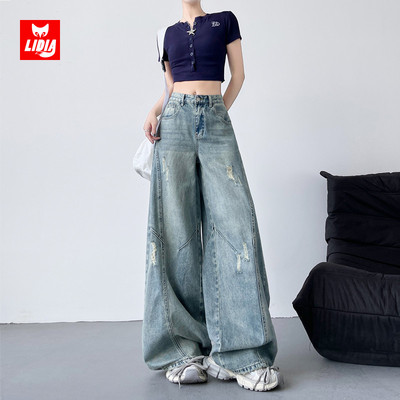 破洞弯刀阔腿牛仔裤女夏2025新款美式复古高腰直筒宽松显瘦镰刀裤