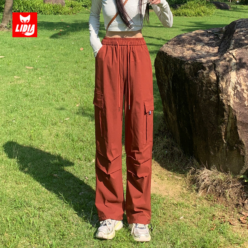 砖红色高腰束脚工装裤女春秋