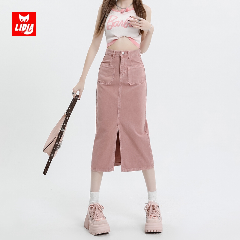 脏粉色前开叉牛仔半身裙女夏季新款甜美风韩版高腰遮垮a字包臀裙