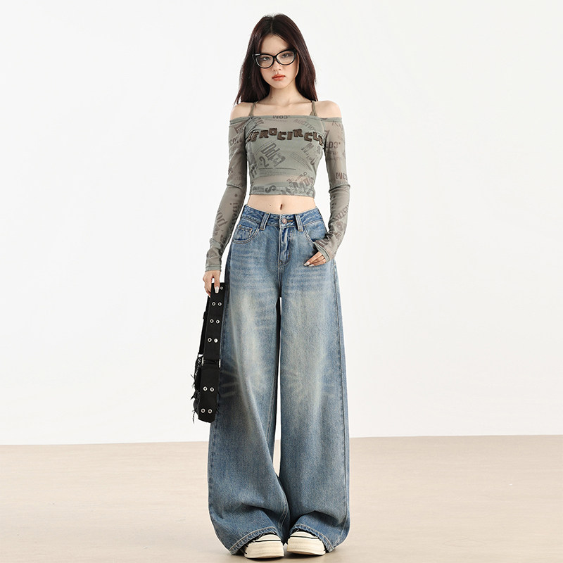 复古浅蓝色加绒阔腿牛仔裤女