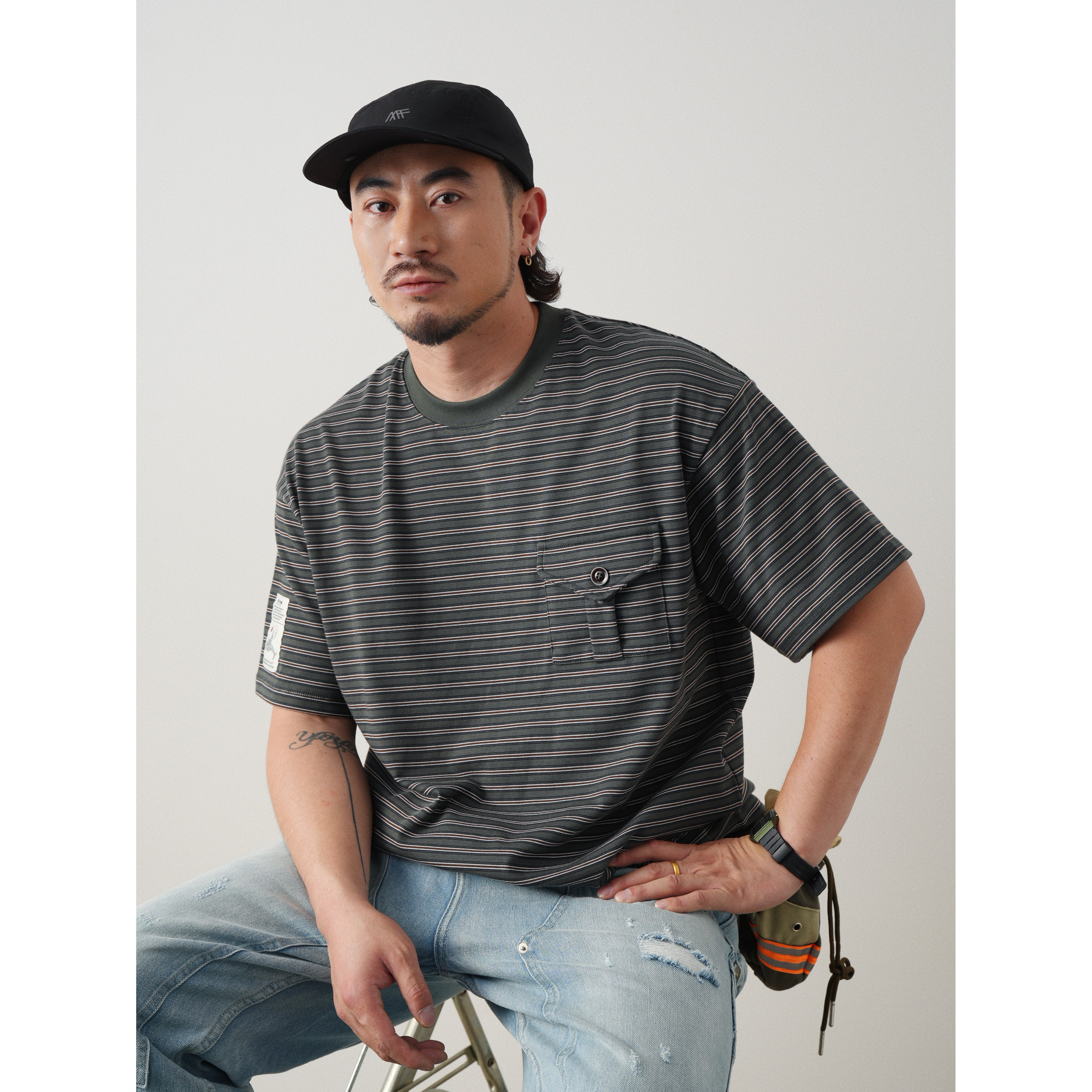 XCCC鱼骨 330G重磅精梳棉复古条纹风琴口袋宽松百搭休闲短袖T恤男