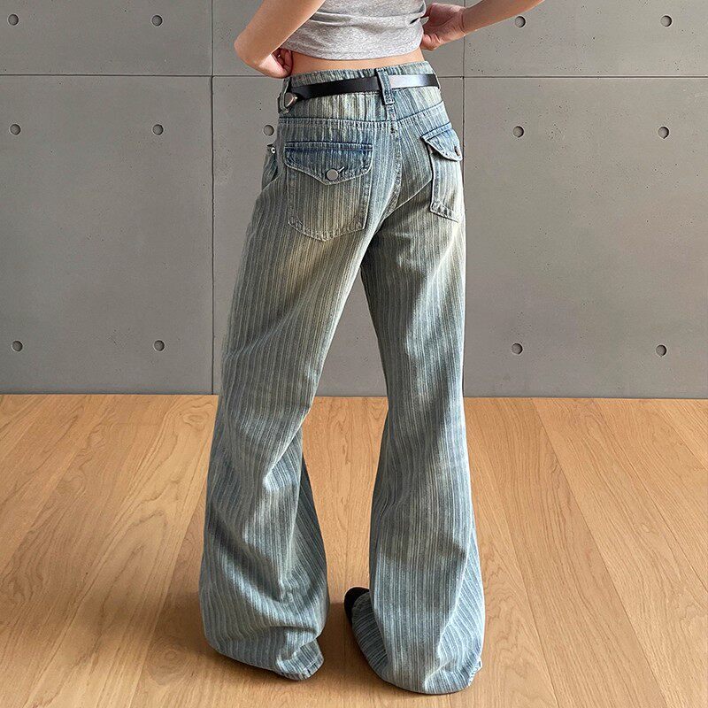 美式复古水洗条纹牛仔裤男女新款cleanfit微喇叭宽松显瘦破洞裤子