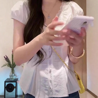 法式蕾丝花边V领短袖白色衬衫女