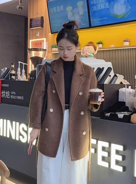 苏丽羊驼高定101801爆款大衣双排扣女短款秋冬毛呢外套