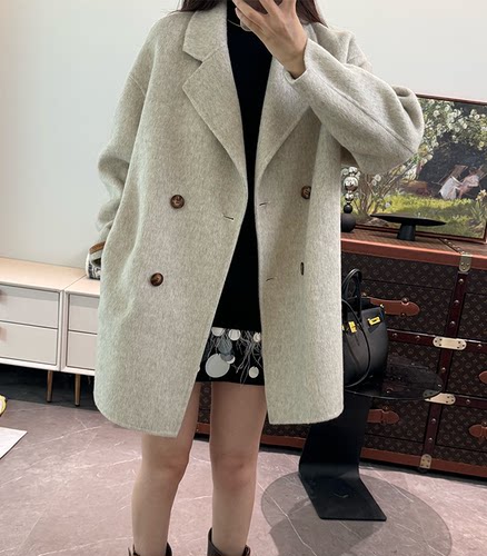 2025春秋新款小个子双面羊毛大衣中长款双排扣西装领宽松毛呢外套