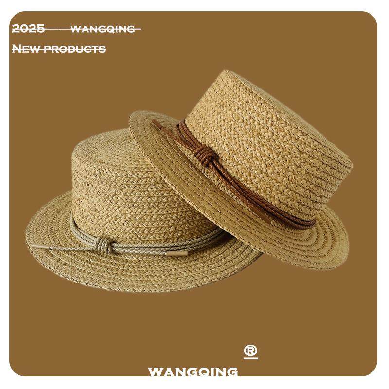 拉菲草平顶帽子女夏季平沿草帽百搭时尚草编小沿沙滩度假短檐礼帽