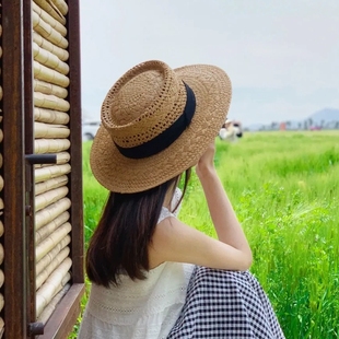 平頂禮帽草帽女夏天海邊沙灘帽大檐遮陽帽草編帽復古防曬帽子 法式