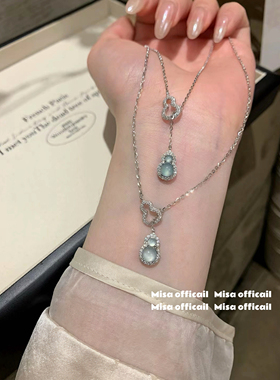 福禄双全｜s925银天然蓝水翡翠玉髓葫芦项链锁骨链新中式送礼秋冬