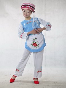 云南少数民族白族女式服装/葫芦丝舞台演出服饰/舞蹈表演女装兰色