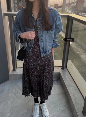 SAINA碎花热烫褶皱显高显瘦V领长袖韩版百搭连衣裙2023春季新款女