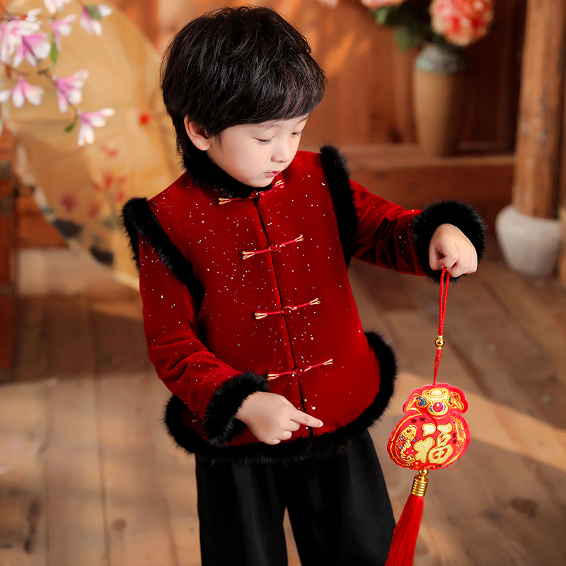 男童拜年服红色喜庆冬款唐装