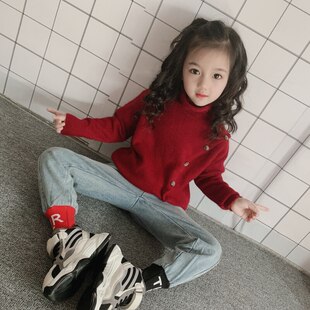 秋冬季女童堆堆领山羊绒衫儿童带扣高领套头毛衣加厚长袖开叉潮