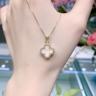 新款 925纯银四叶草项链双面简约百搭锆石玛瑙吊坠锁骨链网红气质