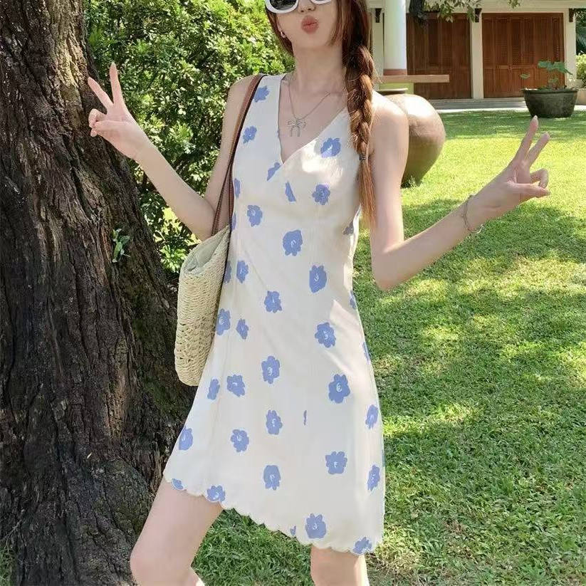 法式温柔撞色花朵V领无袖连衣裙
