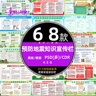 社区学校预防地震知识应急逃生安全科普宣传栏展板psd设计cdr素材
