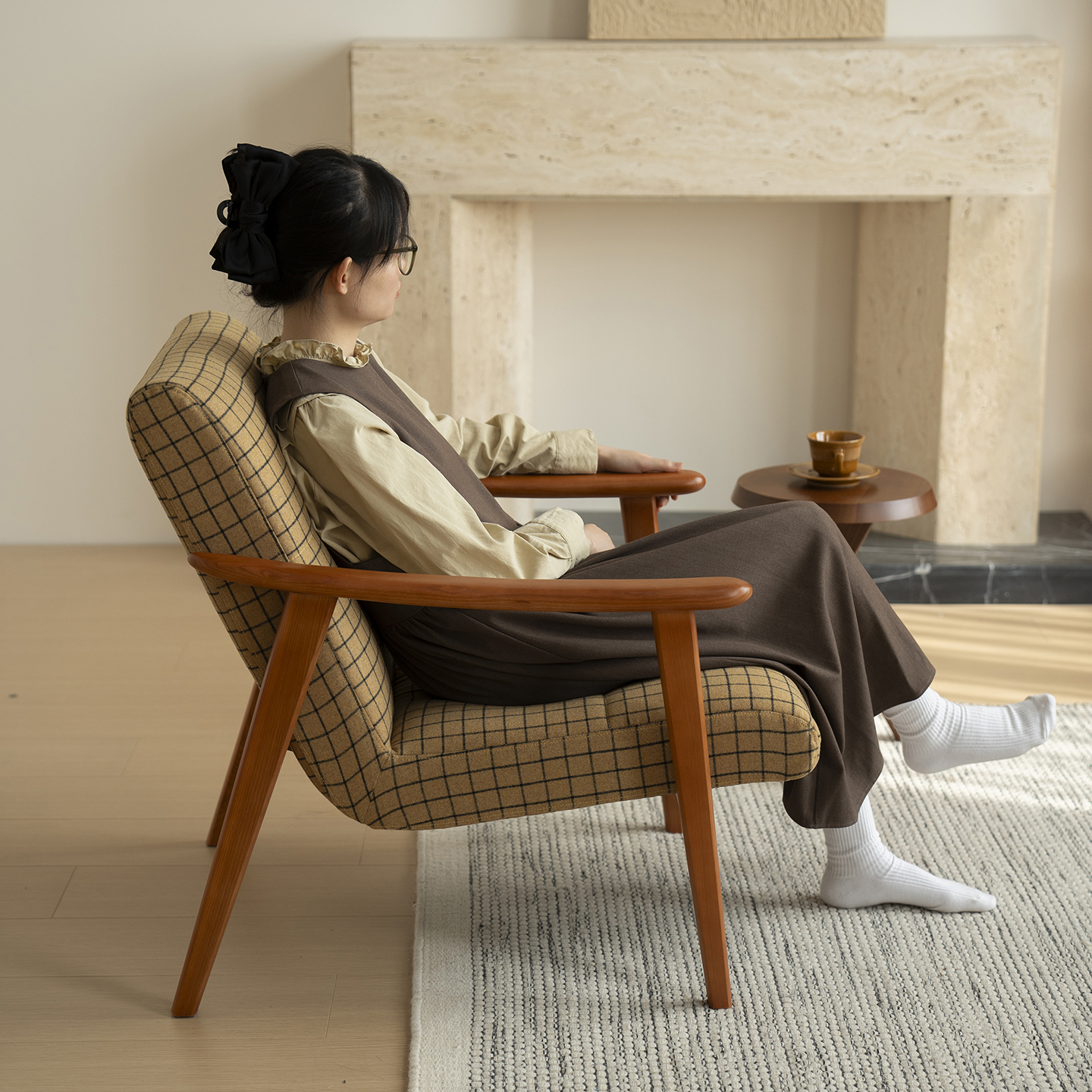 美之趣 复古沙发椅子黄色格子休闲椅中古风单人椅客厅小户型