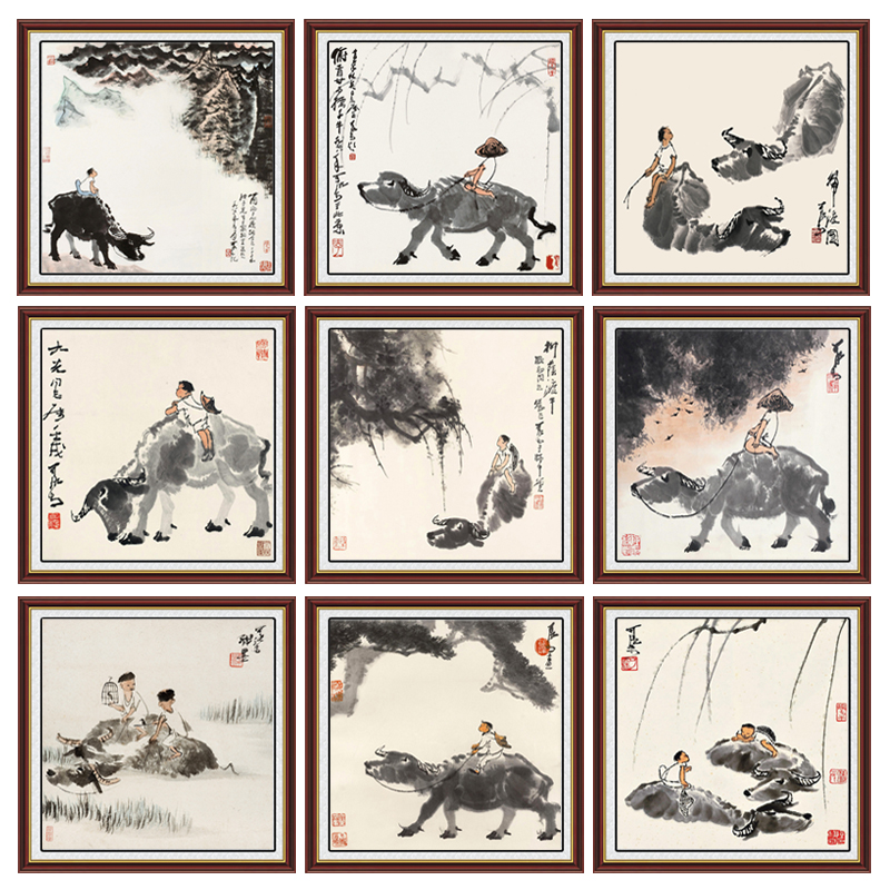 李可染水墨方形国画装饰画牧童骑牛图贴画新中式客厅茶室禅意画芯图片