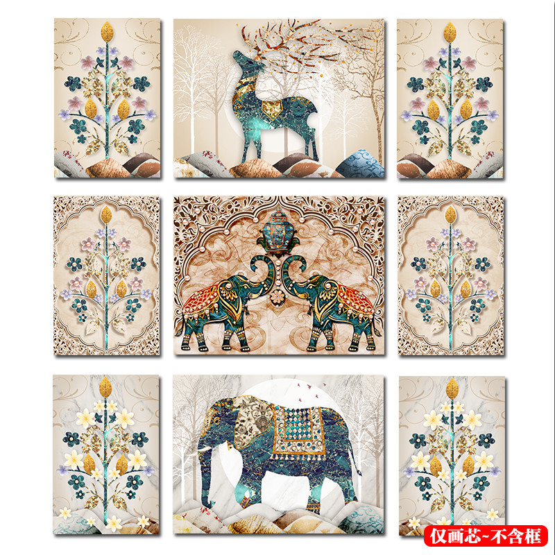 欧式复古吉祥大象麋鹿三联客厅装饰挂画马到成功发财树无框画画心