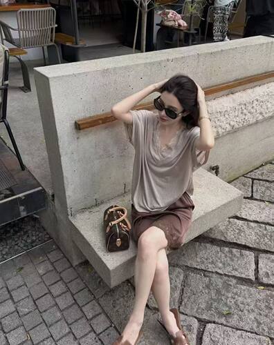 CICI CLEAN极简风天丝亚麻V领蕾丝拼接小衫夏高级感宽松显瘦上衣