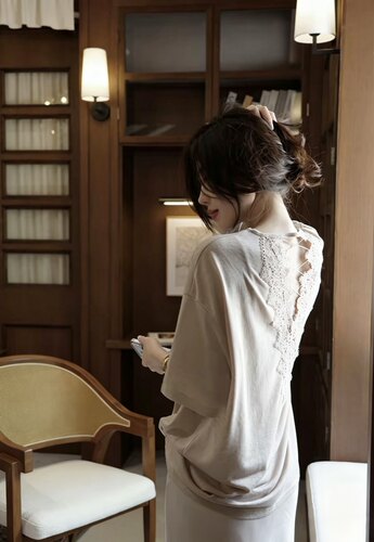 CICI CLEAN夏莱赛尔天丝麻气质设计感后背蕾丝拼接短袖T恤上衣女