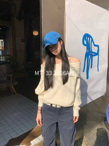 MT·33韩系辣妹一字肩软糯厚实肌理感针织毛衣女秋冬显瘦百搭上衣