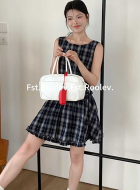 FST十三行2025夏小个子复古格子木耳边背心裙设计感中长款连衣裙