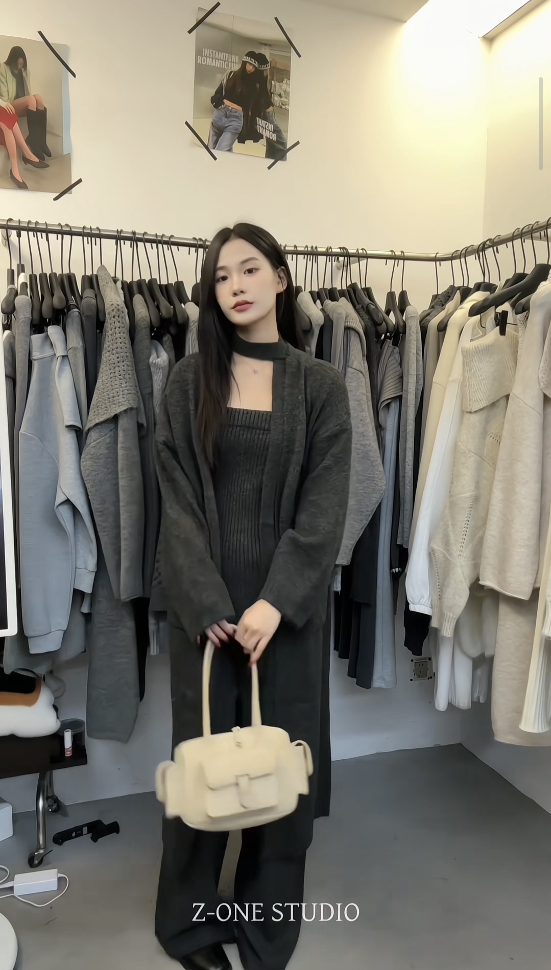 z-one十三行秋冬休闲针织一整套外套开衫背心显瘦阔腿裤三件套装