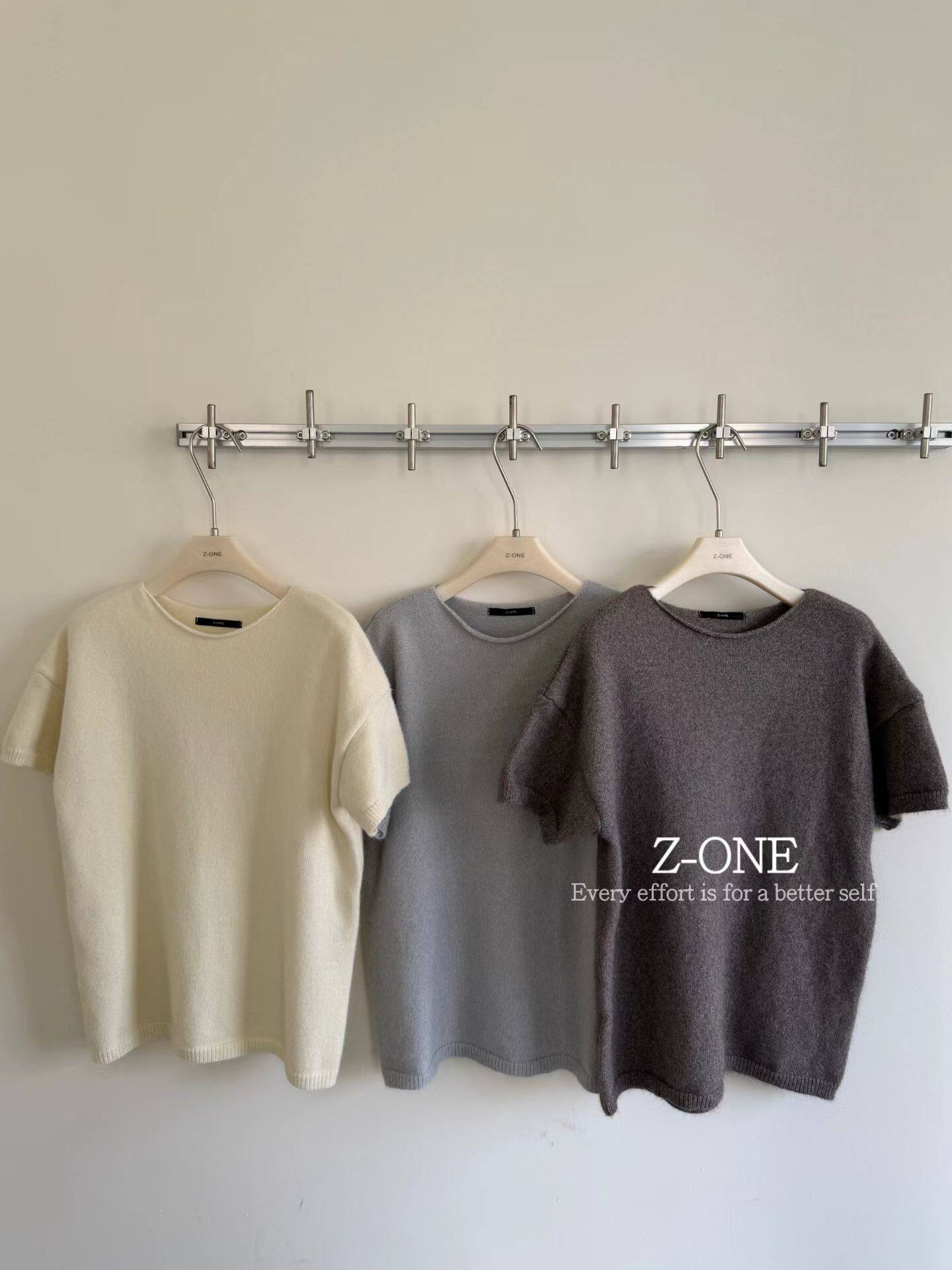 Z-ONE韩系圆领羊毛短袖针织衫女秋冬宽松显瘦百搭纯色毛衣上衣潮