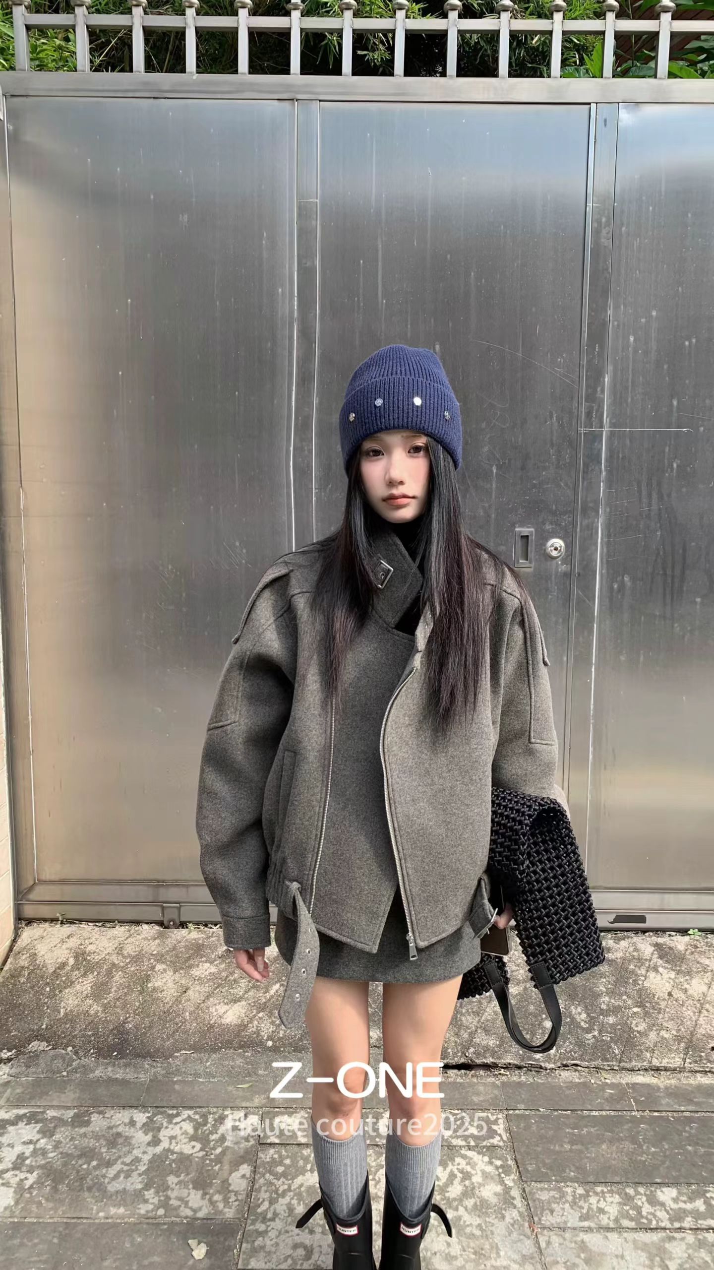 Z-one十三行2025冬季新款加厚翻领双面羊毛呢外套+短裙两件套装女