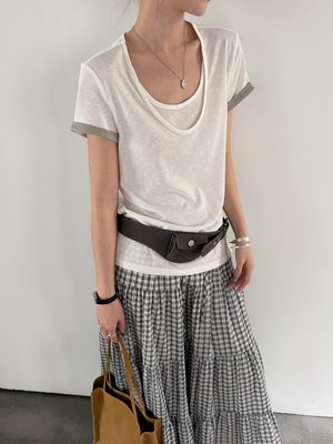 BEFORE SUNSET 日落/周末夏拼接撞色假两件短袖T恤女简约百搭上衣