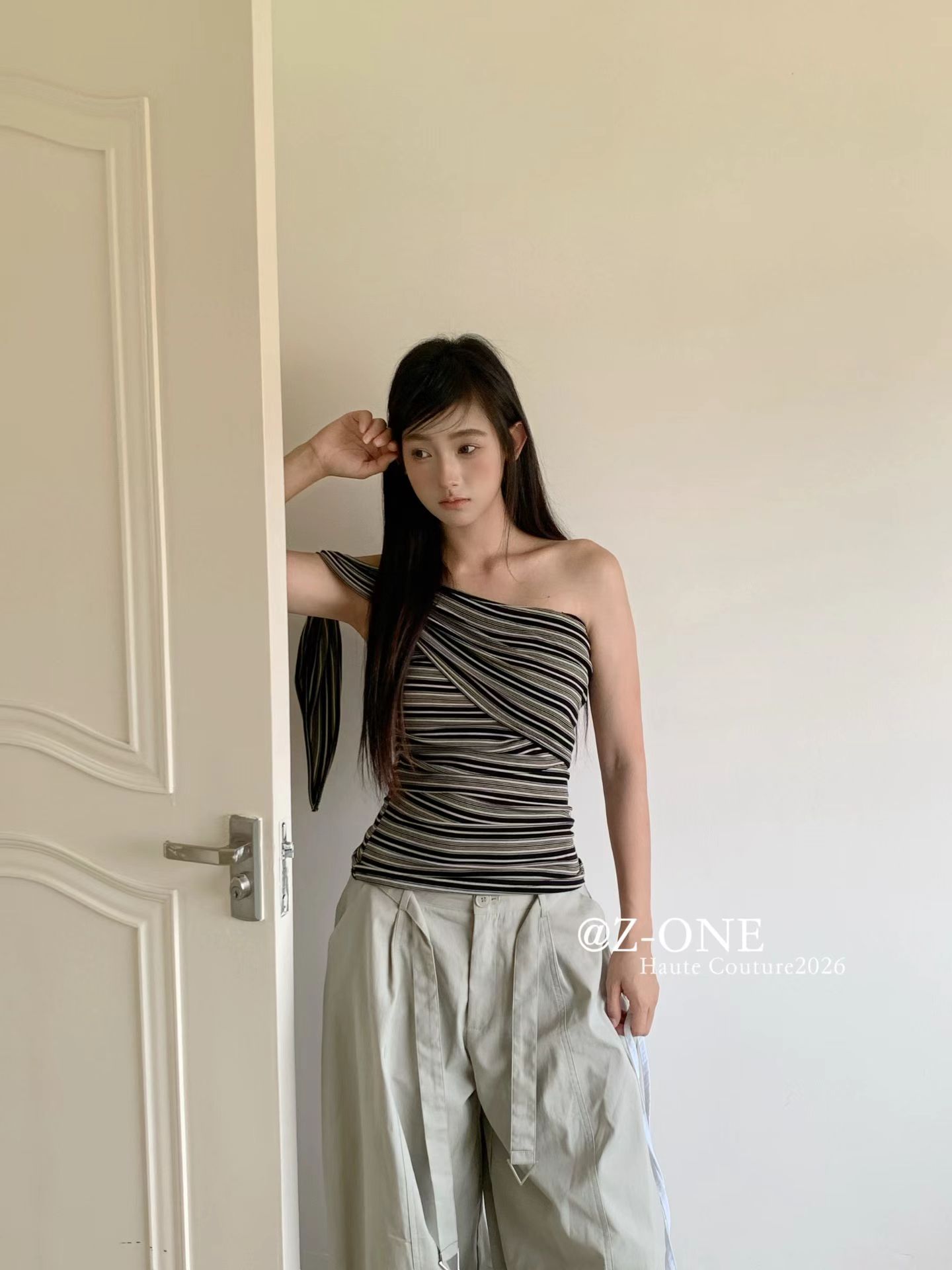 Z-ONE复古撞色条纹露背抹胸背心女26夏绑带修身无袖外穿辣妹上衣