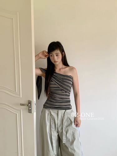 Z-ONE复古撞色条纹露背抹胸背心女26夏绑带修身无袖外穿辣妹上衣