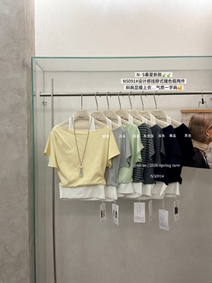 女色5091韩系挂脖撞色假两件小衫女26夏季新款一字肩显瘦百搭上衣