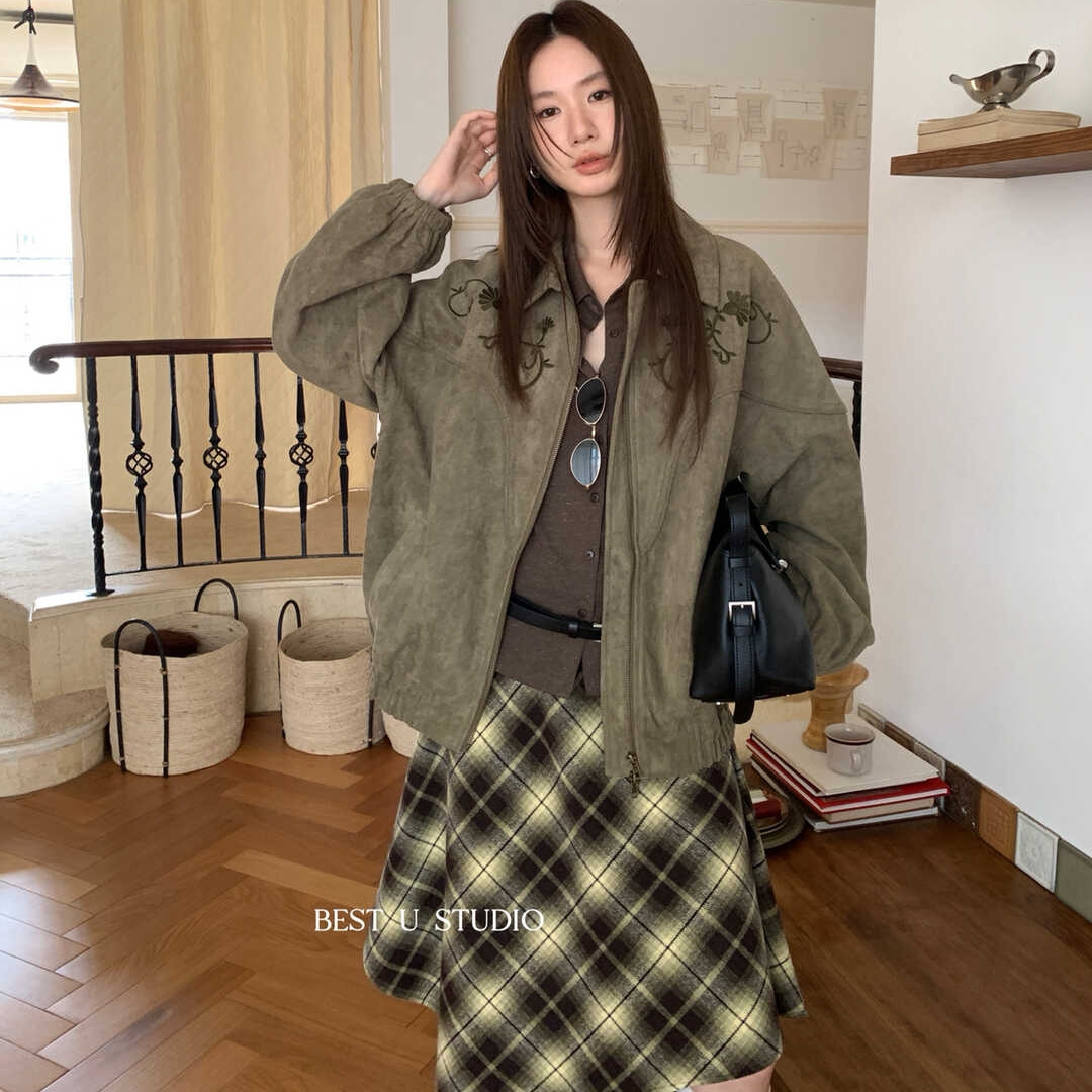 BEST U十三行秋冬重工刺绣麂皮绒休闲百搭小众设计款短外套上衣女