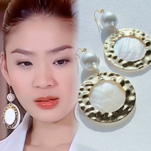 Healing girl放羊的星星欧亚若同款金属敲打纹母贝耳环银针耳饰