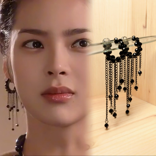 Healing girl 我的女孩金世萱朴诗妍同款耳饰黑水晶流苏银针耳环