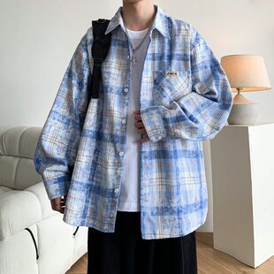 美式复古扎染格子衬衫男长袖2025新款春季休闲外套高级感痞帅上衣