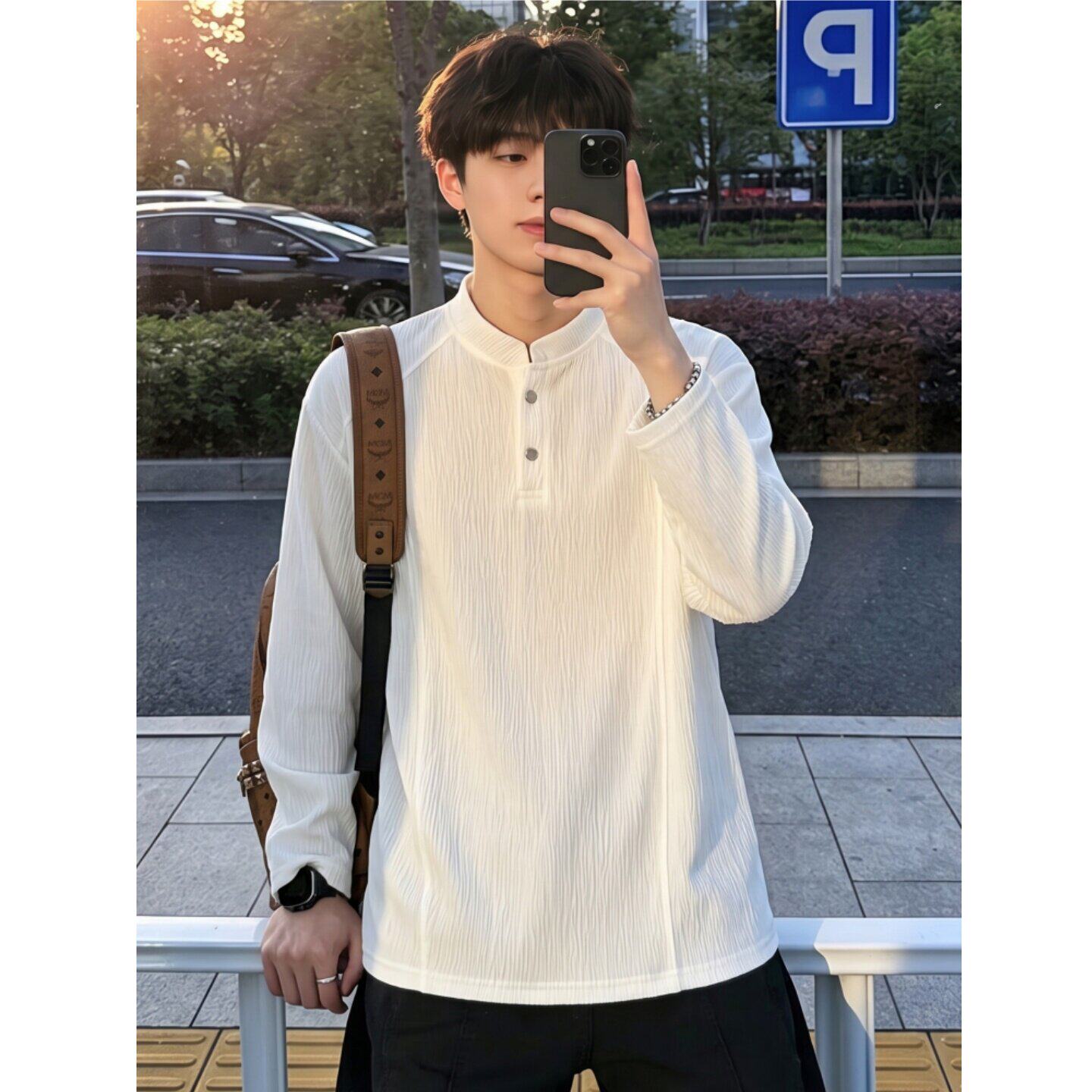 美式白色肌理感亨利领长袖T恤男秋季正肩内搭打底衫cleanfit卫衣