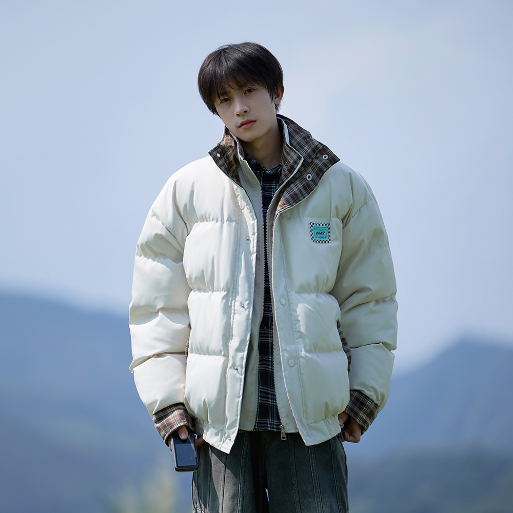 美式cleanfit格纹拼接假两件立领棉衣男加大码潮牌冬季面包服外套