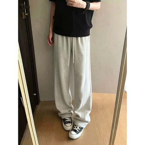 燕麦灰斜切弯刀卫裤男款春秋美式复古拼接直筒裤子休闲运动阔腿裤
