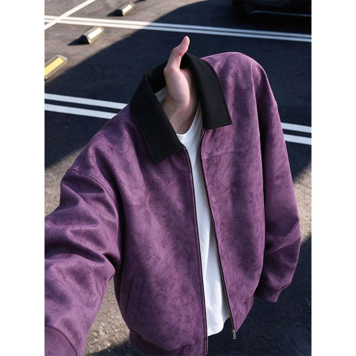 紫色扎染PU皮夹克男秋季复古做旧肌理感翻领外套cleanfit休闲上衣
