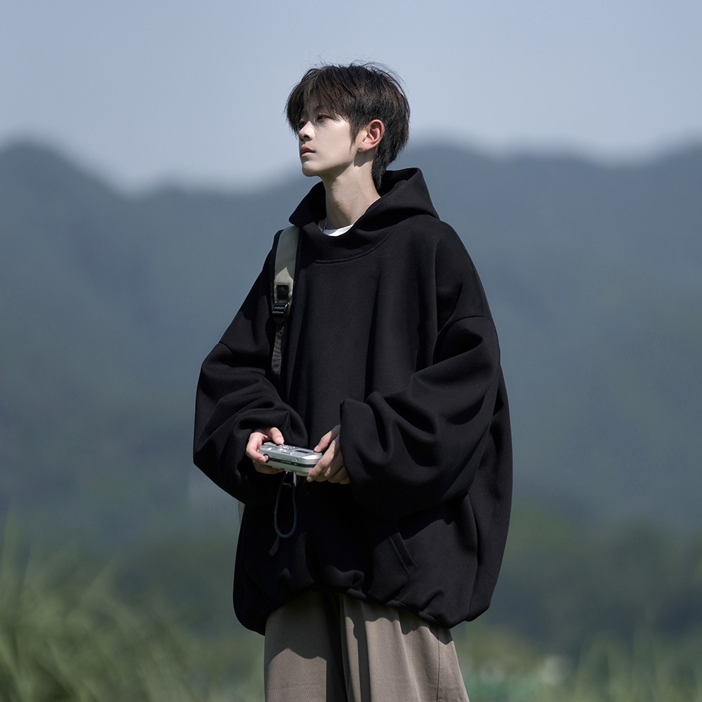 美式复古重磅硬挺连帽卫衣宽松纯色男潮牌大码黑色帽衫春秋季外套