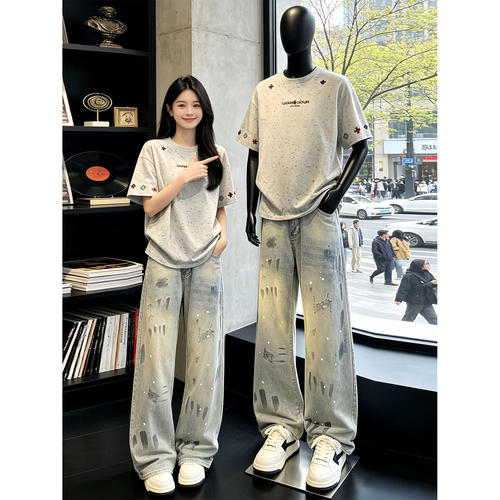 美式泼墨涂鸦弯刀牛仔裤男秋季痞帅高街vibe微喇裤子显瘦直筒长裤