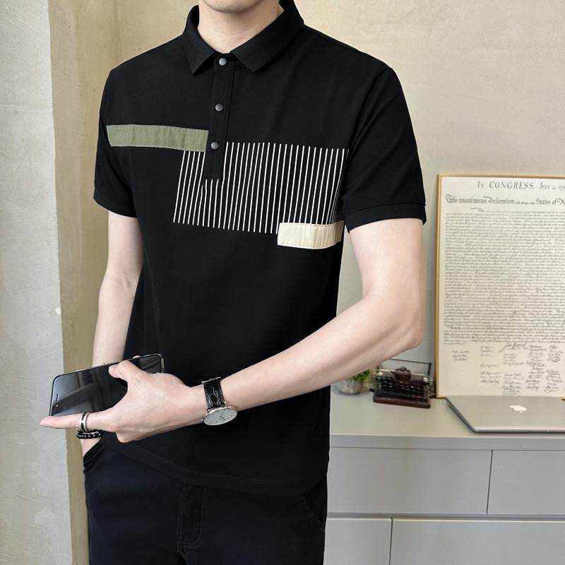 高级感拼接polo衫男士冰丝翻领短袖T恤夏季新款时尚潮牌修身半袖