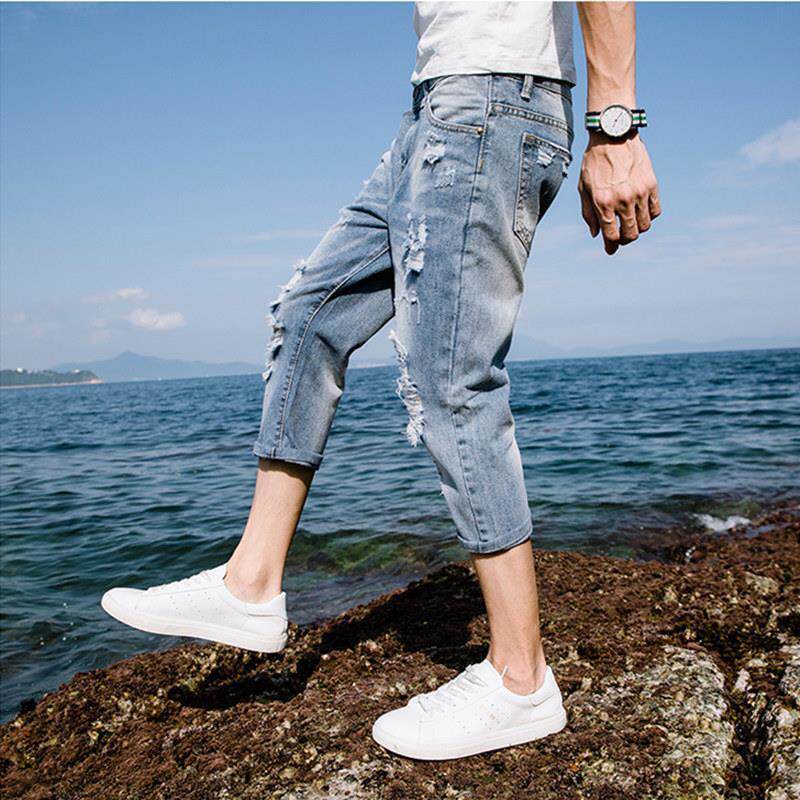 夏季薄款时尚破洞牛仔短裤男修身七分裤新款宽松休闲7分中裤马裤