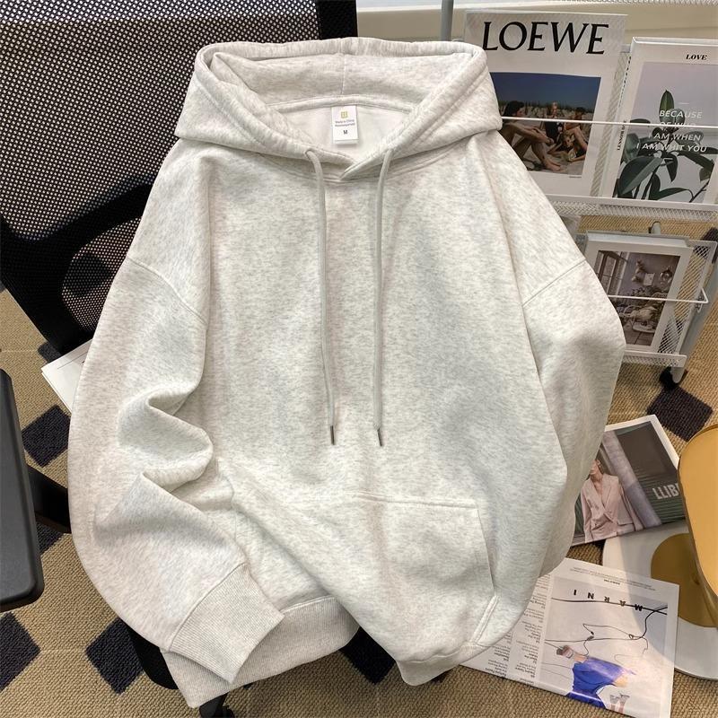 重磅纯棉白灰色连帽加厚卫衣简约男女款上衣秋冬加绒百搭外套潮牌
