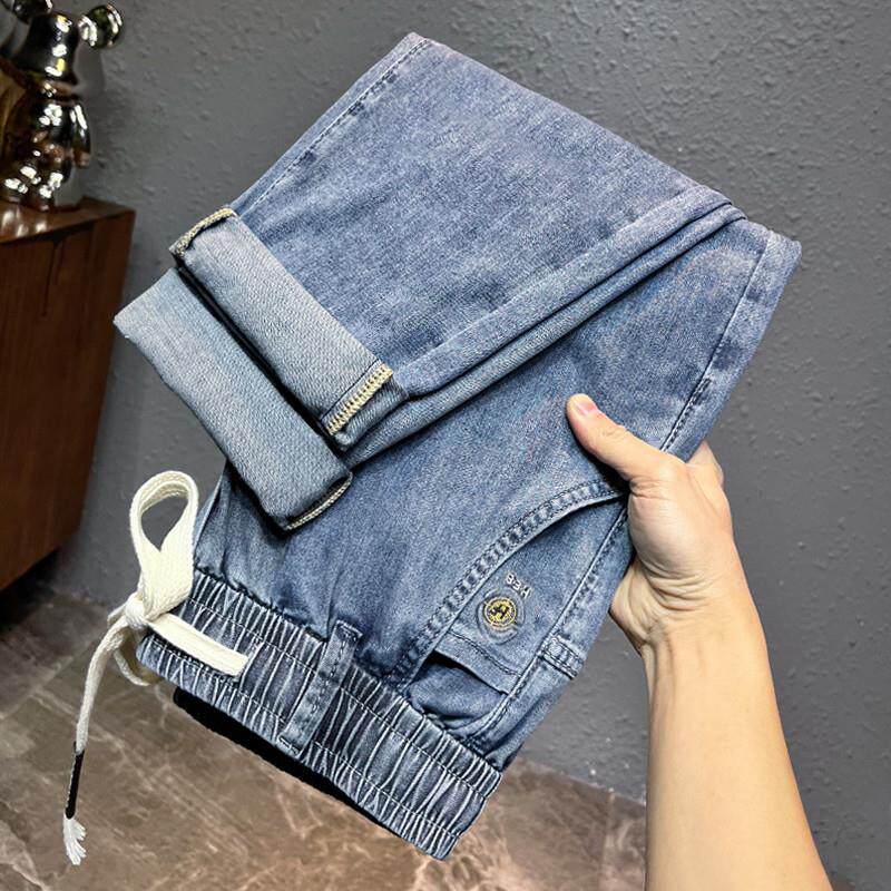 夏季薄款男士牛仔裤2025新款男款冰丝潮牌宽松直筒松紧腰休闲九分