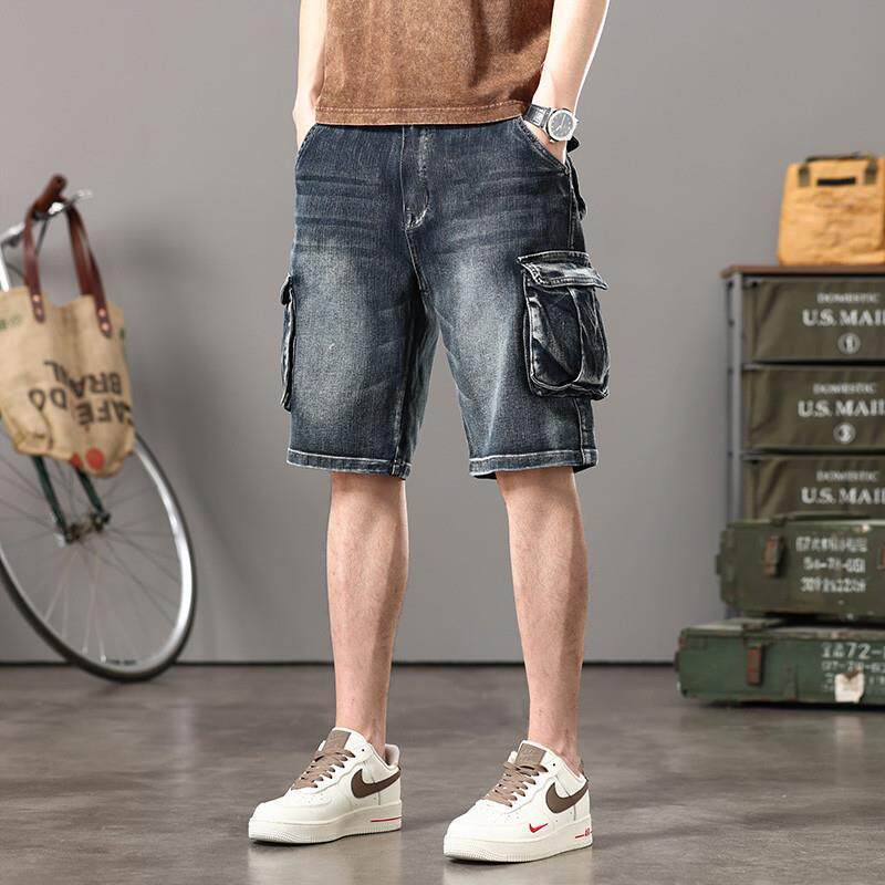美式黑灰色工装牛仔短裤男夏季新款潮牌宽松大码胖子五分马裤