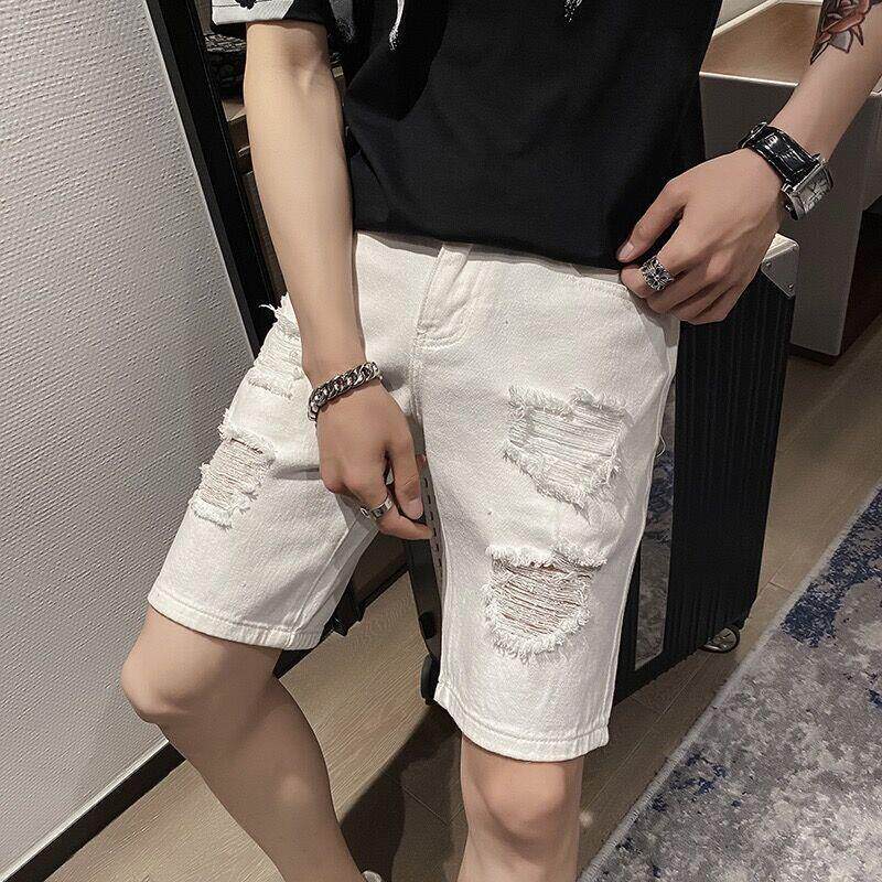 夏季新款休闲五分裤男士水洗百搭破洞白色牛仔短裤无弹中裤百搭