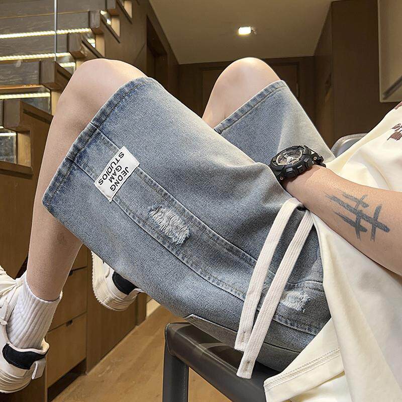 牛仔短裤男款夏季新款侧边刮烂设计感中裤美式高街宽松直筒五分裤